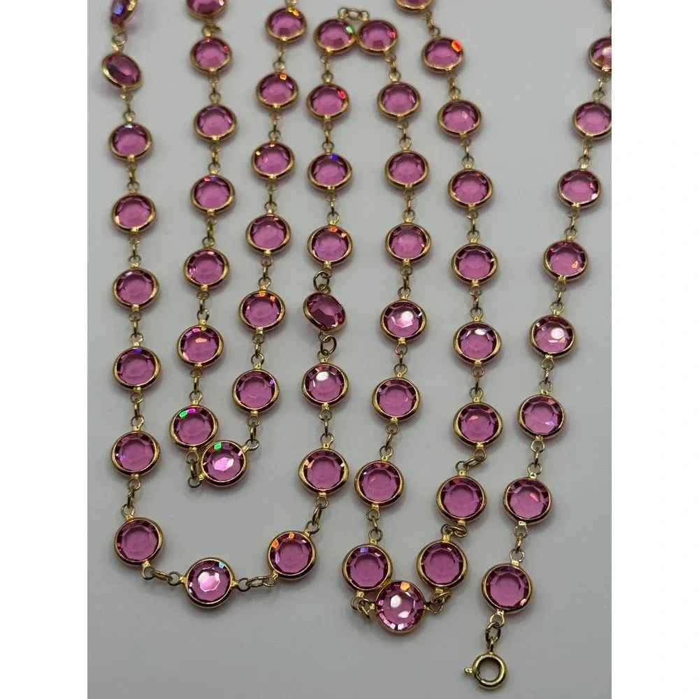 Vintage Pink Open Back Crystal‎ Necklace Clip On Earrings Bracelet Set Gold Tone